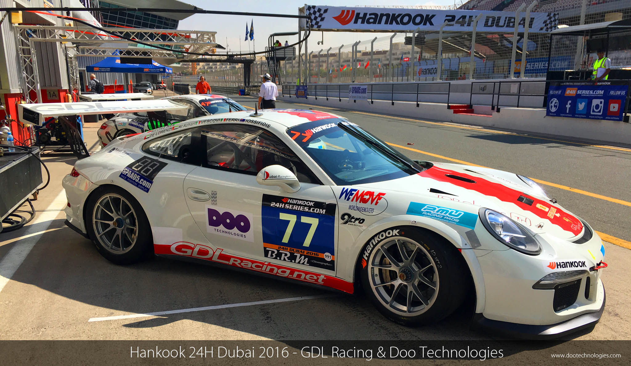 The GDL Racing Porsche #77 in the pit lane.